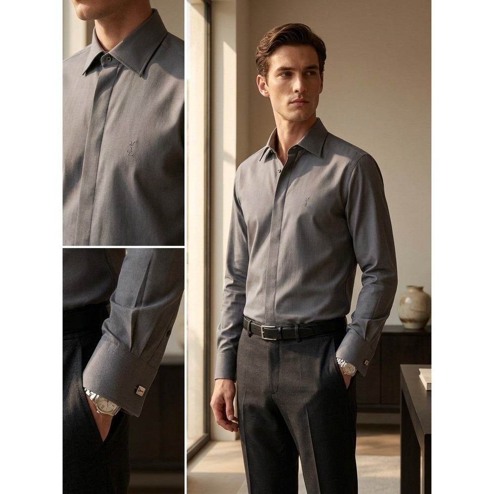 Yves Saint Laurent Pour Homme Gray Hidden Placket Dress Shirt 40‎ 41 French Cuff